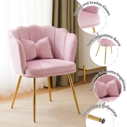 Eetkamerstoelen – Set van 2 - Velours Stoel – Lounge Stoel – Fluwelen Fauteuil – Design Fauteuil – Bloembladdesign – Ergonomisch Zitcomfort – Vergulde Metalen Poten - Roze