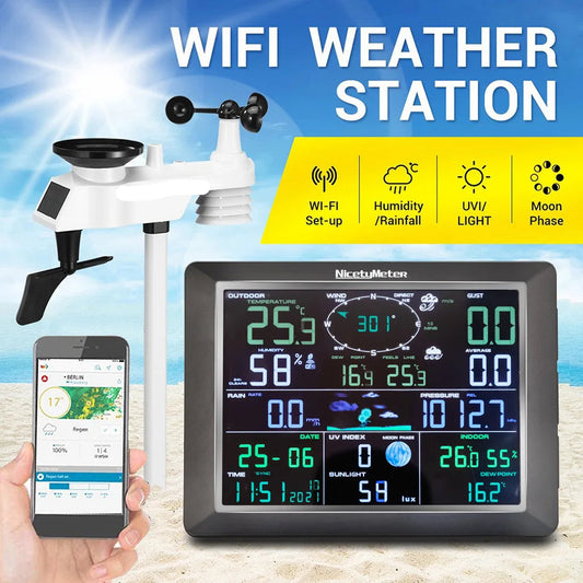Weerstation - Weerstation Draadloos Binnen Buiten - Internet/Wifi Weerstation  - Draadloos weerstation met Buitensensor - met Regenmeter, Windmeter en Buitensensor - Luchtvochtigheidsmeter