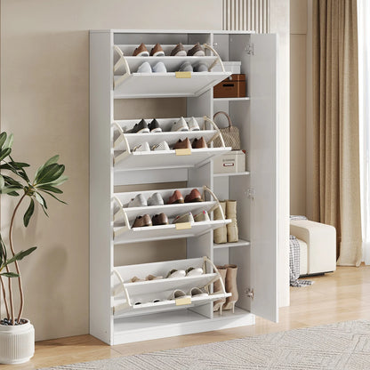 Schoenenkast – Schoenenrek – Schoenopberger – Schoenenmeubel – Spiegeldeur – Vier Uittrekbare Lades – Kantelbeveiliging - 80 x 24 x 147 cm - Wit - QUORE