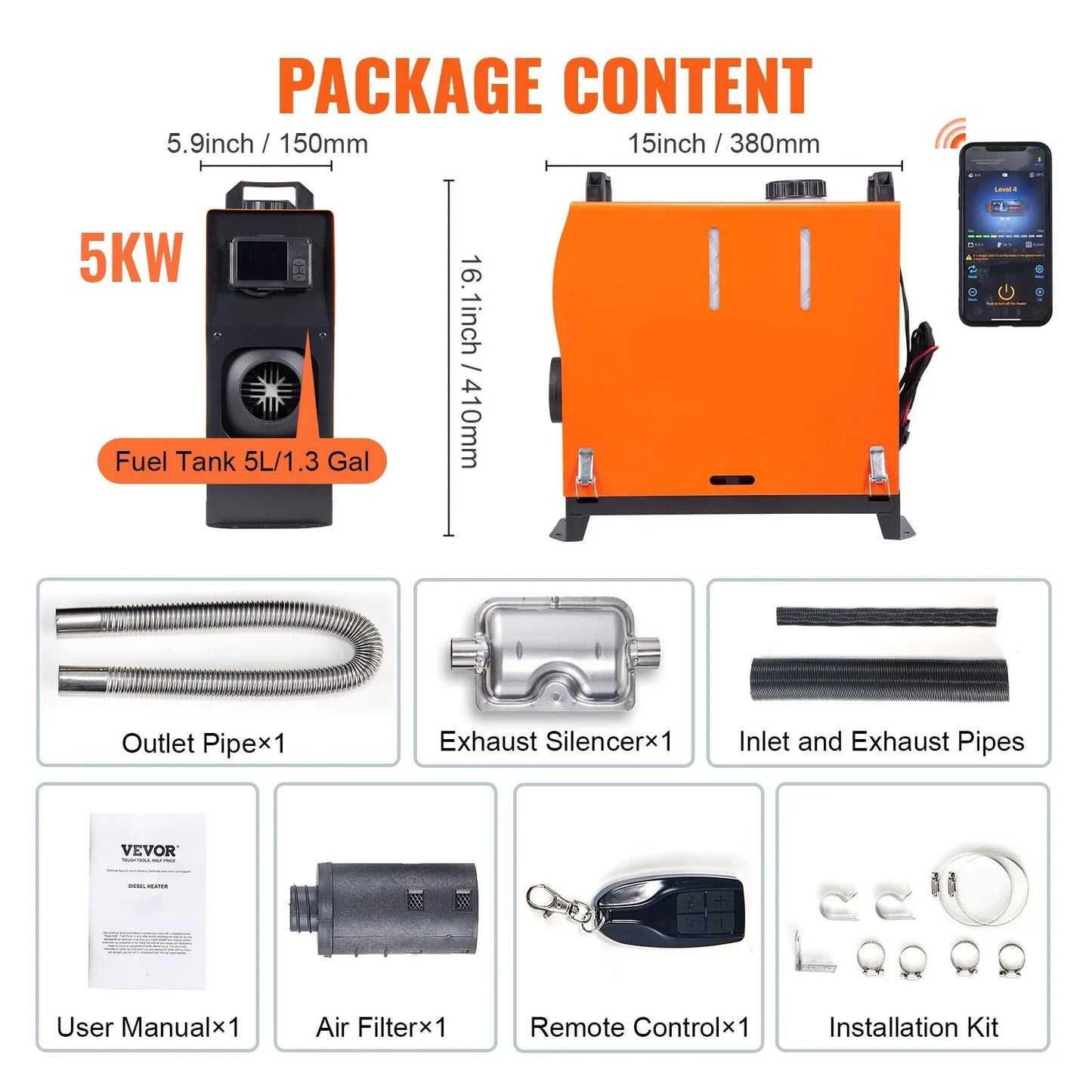 Diesel Luchtverwarmer - Standkachel - Auto verwarming - Parkeer Heater - 12V Diesel Heater - 5KW - met LCD Scherm - en Afstandsbediening - voor Auto - Vrachtwagen - Boot - Camper - met Bluetooth