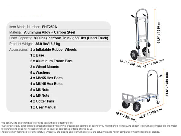 Steekwagens - Steekkar - Transportkar - Transportwagen - Winkeltrolley - Draagvermogen 360 kg - Opvouwbare - Aluminium - Industriële Inklapbare Trolley - voor Magazijn, Verhuis en Zware Lasten - QUORE