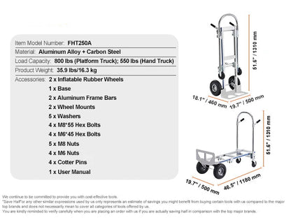 Steekwagens - Steekkar - Transportkar - Transportwagen - Winkeltrolley - Draagvermogen 360 kg - Opvouwbare - Aluminium - Industriële Inklapbare Trolley - voor Magazijn, Verhuis en Zware Lasten - QUORE