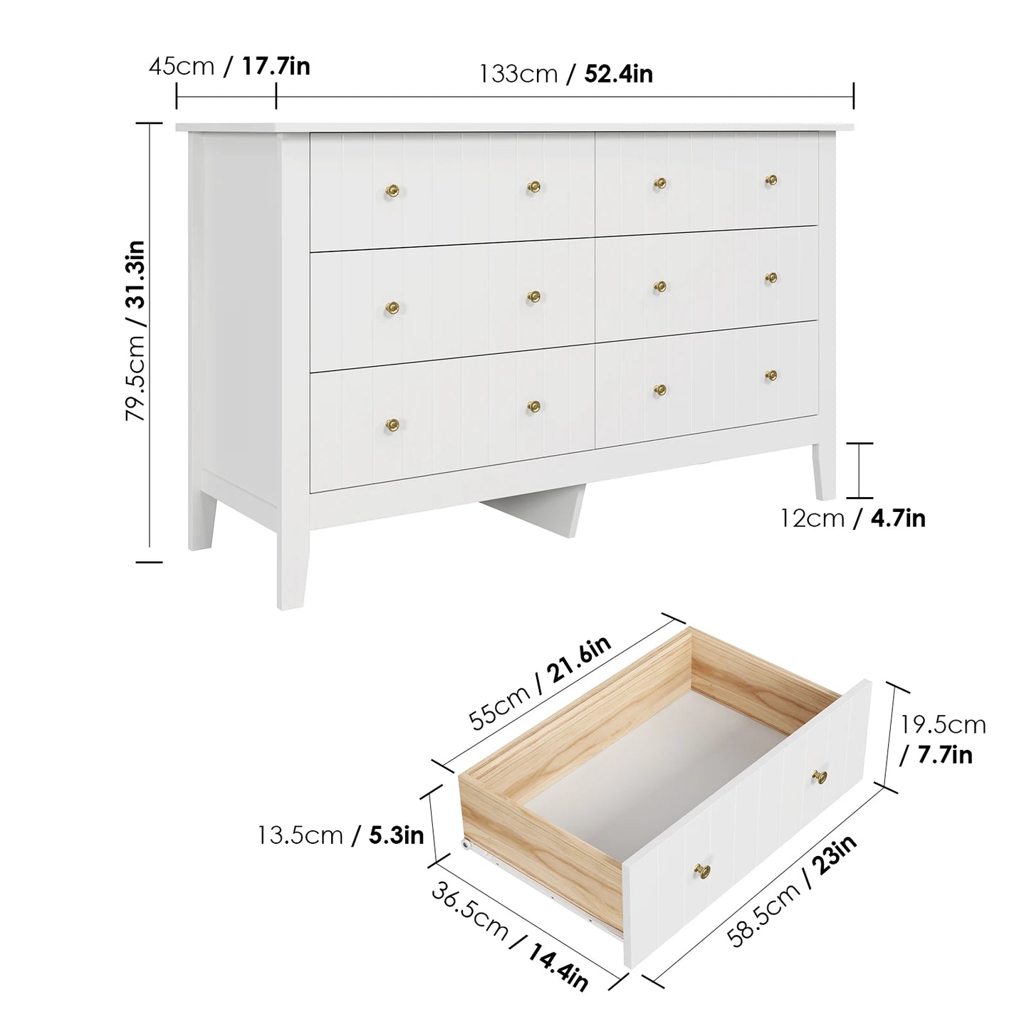 Getone Chest of Drawers Bedroom, Tall Chest of Drawers with 6 Drawers, Bedroom Furniture Dresser Storage Cupboard Cabinet  Bedroom Dresser, for Dining Room Living Room Hallway 133x45x79.5 cm Wooden