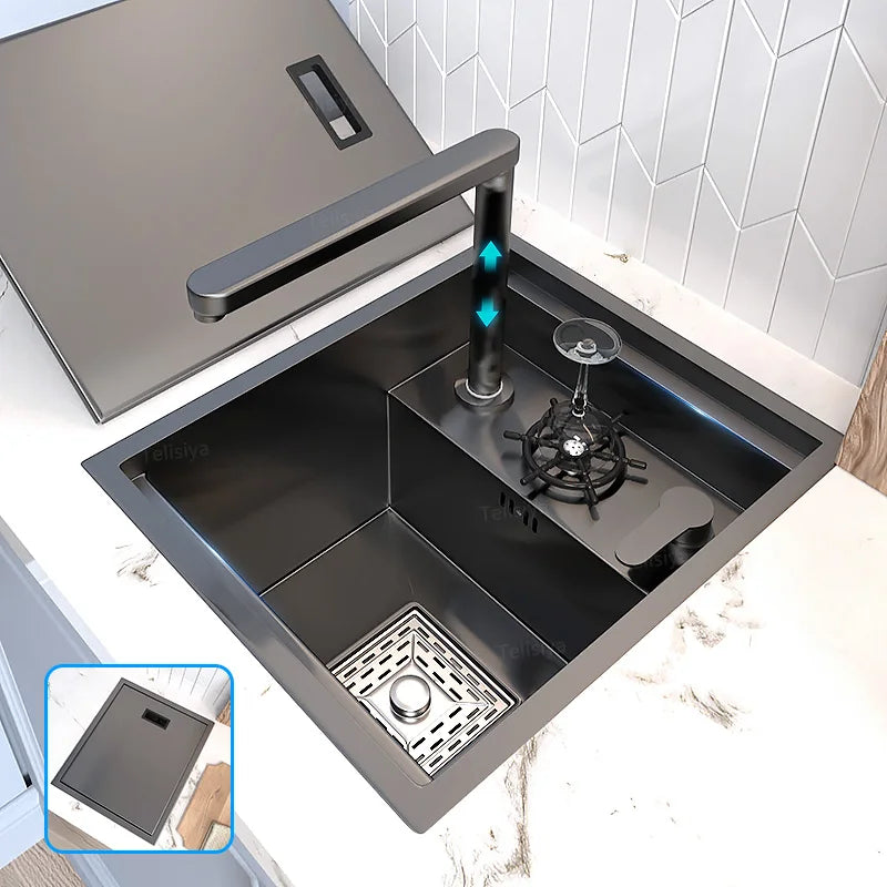 Hidden Cup Washer Stainless Steel Kitchen Sink Small Single Tank With Lid Multifunctional Bar Balcony Wash Basin