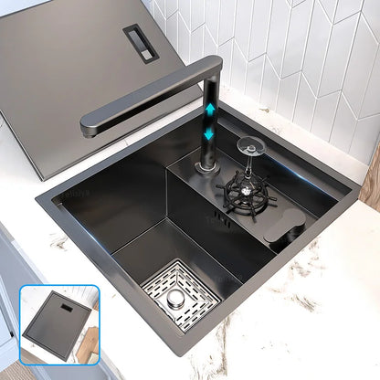 Hidden Cup Washer Stainless Steel Kitchen Sink Small Single Tank With Lid Multifunctional Bar Balcony Wash Basin