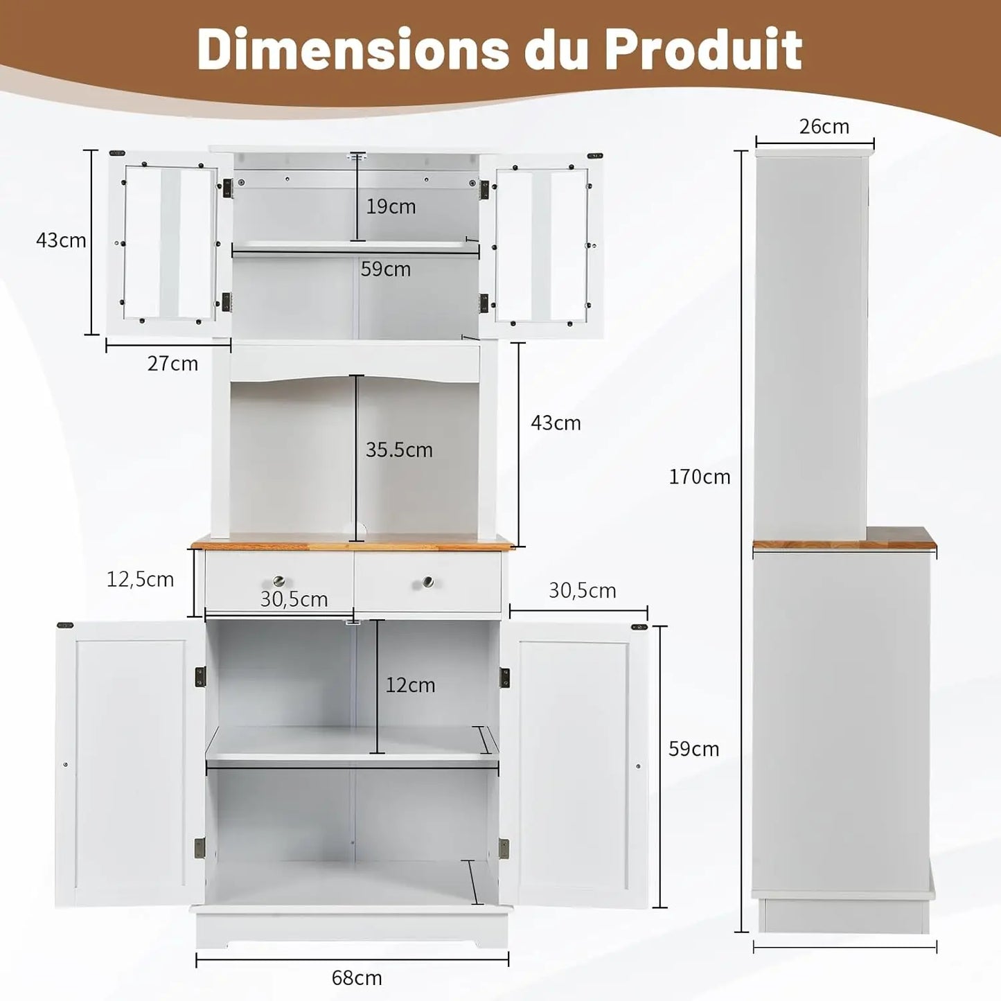 Keukenkast hoog - 170 cm buffetkast hout - hoge kast met 2 laden & verstelbare planken & glazen deuren & draadgat - keukenbuffet vrijstaand - buffet voor keuken eetkamer - wit - QUORE