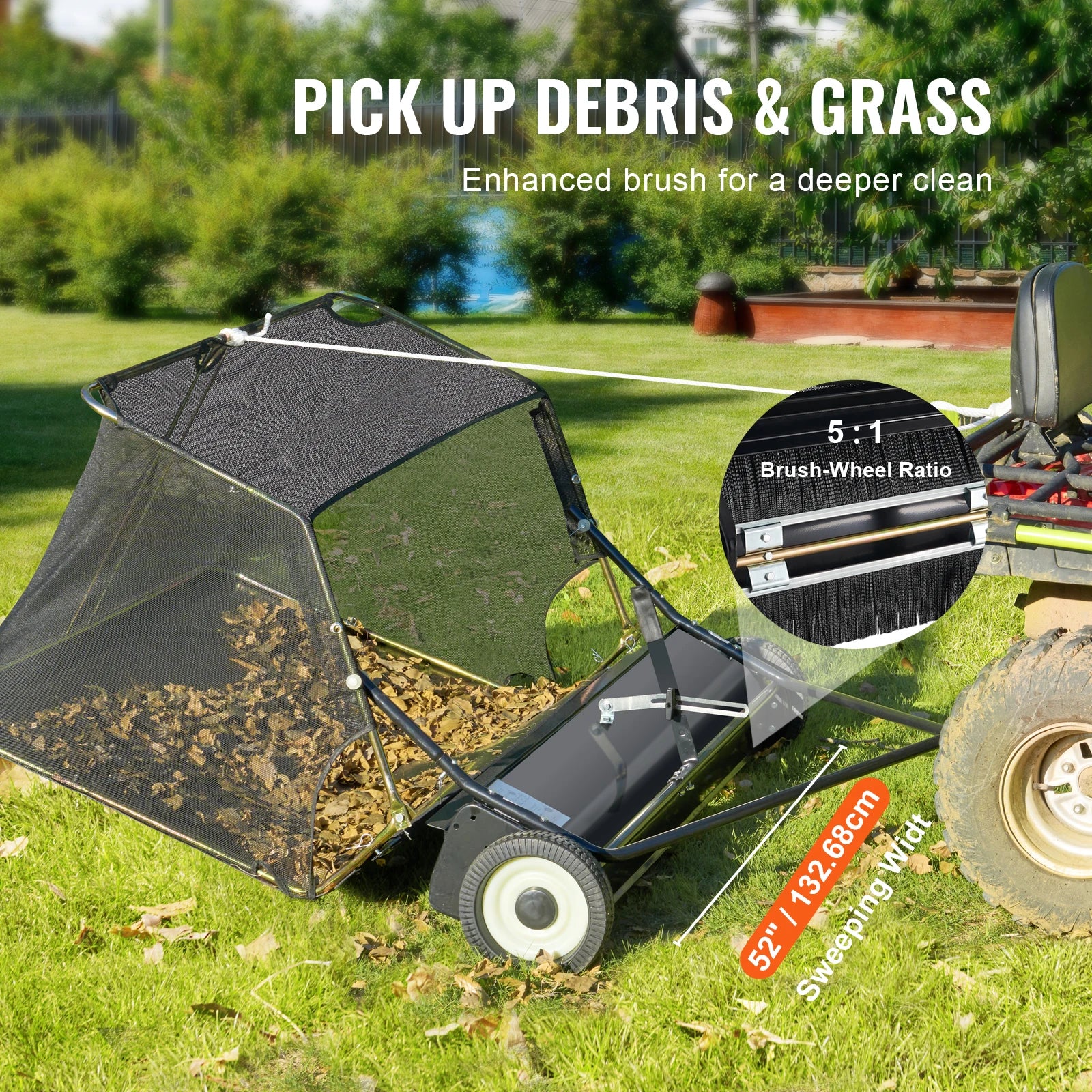 Veegwagen – Bladveger – Grasveger – Aanhanger – Tuinveger – Veegbreedte 132 Cm – Opvangzak 26 Kuubvoet - QUORE