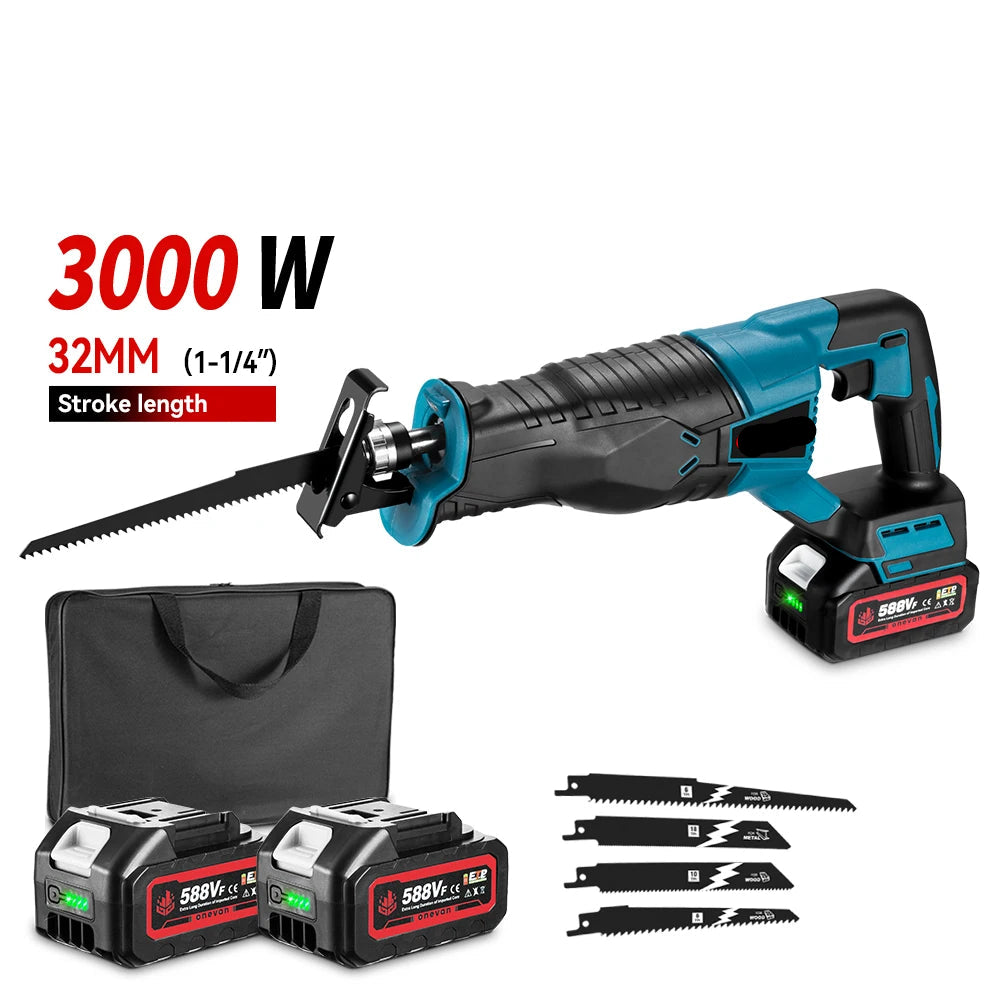 Reciprozaag - Zaag - Zaagmachines - Elektrische Kettingzaag - Reciprozagen - 3000W - Borstelloze  -Snoerloze - Gereedschap -  Inclusief 2x Accu – Ideaal voor Hout, Metaal en Pijpsnijden