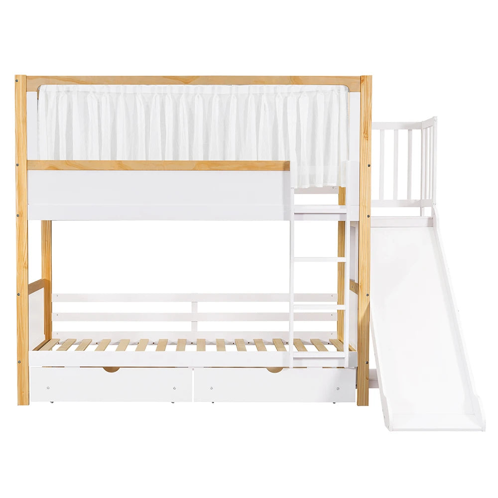 Kinderstapelbed – Stapelbed Kinderbed Bedbank Speelbed – Wit 90x200 cm – Glijbaan – Opberglades met Wieltjes