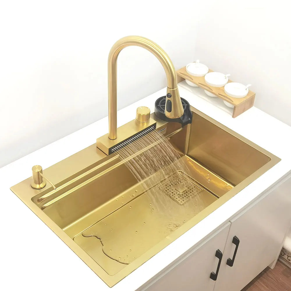 gold Waterfall faucet kichen sink Nano sink 304 Stainless Steel Golden Topmount Single Bowl Wash Basin 4 function kitchen faucet - QUORE