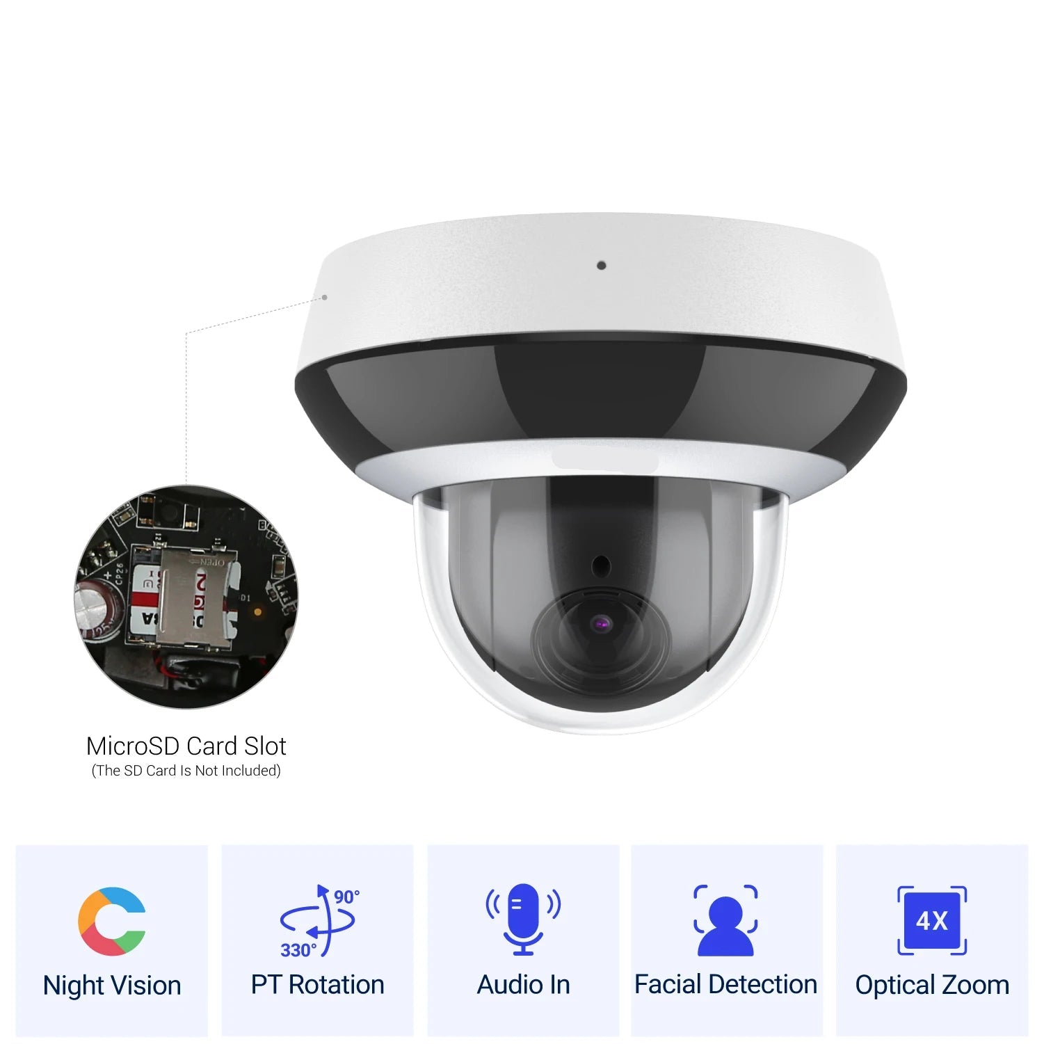 4MP PTZ Beveiligingscamera – IP Camera – Bewakingscamera – Surveillance Camera – Nachtzicht Camera – 4x Optische Zoom – AI Bewegingsdetectie – Audio Opname – PoE Aansluiting – Wit - QUORE