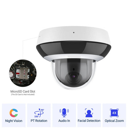 4MP PTZ Beveiligingscamera – IP Camera – Bewakingscamera – Surveillance Camera – Nachtzicht Camera – 4x Optische Zoom – AI Bewegingsdetectie – Audio Opname – PoE Aansluiting – Wit - QUORE