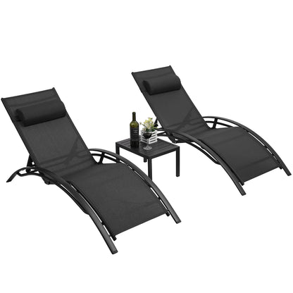 Ligstoelen Set - Stoelen  - Campingstoelen - Strandstoelen - Opvouwbaar - 3-Delige Loungeset - met Bijzettafel - 5 Posities Verstelbaar - voor Buiten - Tuin - Zwembad - Strand - Camping - Patio - Zwart