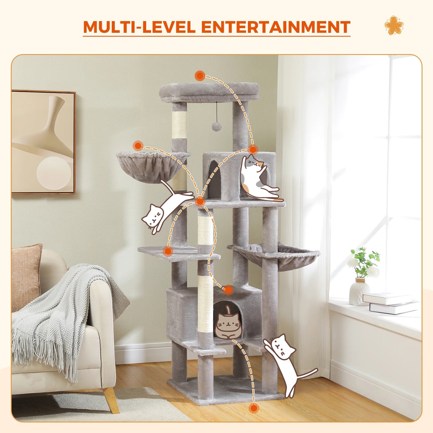 Krabpaal - voor Grote Katten – Kattenboom - met Sisal Krabpalen - 2 Grote Kattenhuizen - en Metalen Hangmat – Meerdere Verdiepingen - Arbre a Chat - XL - 168 cm Hoog – Geschikt voor Binnen – Stevig en Stabiel - Grijs - QUORE