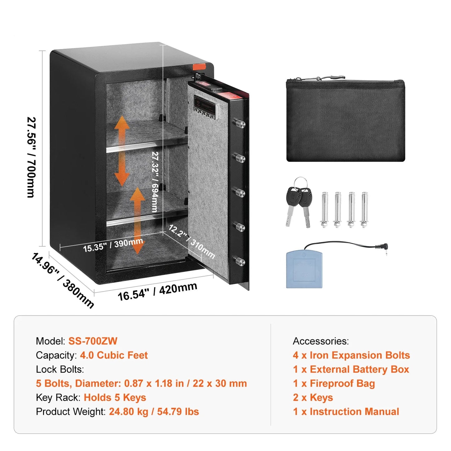 Veiligheidskluis - Kluis - Sleutelkluis - Sleutelkastje - 4CU.FT - met Dubbele Toegang - Sleutel, Wachtwoord & Vingerafdruk – Brandwerende Opbergbox met LED & Sleutelrek - QUORE
