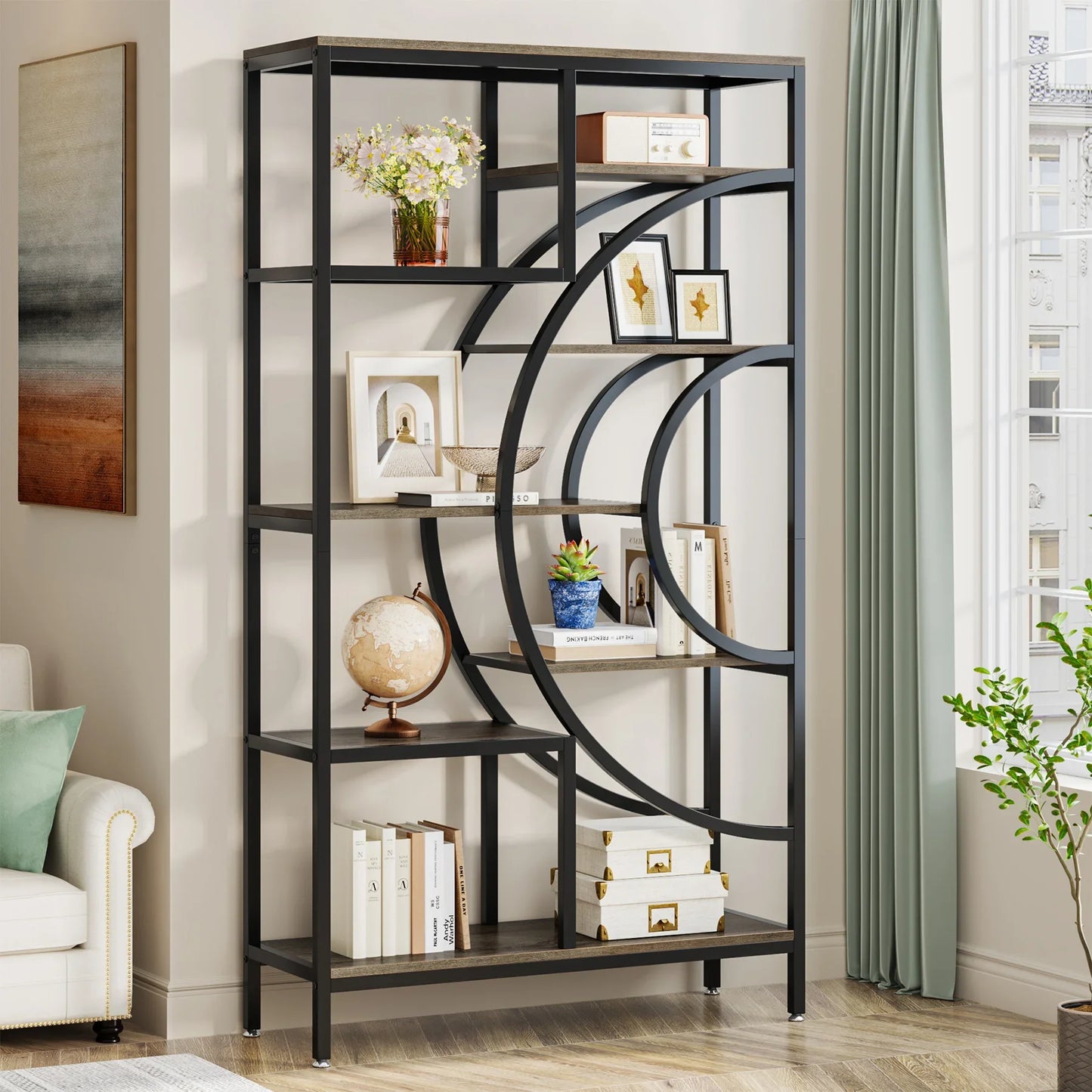 Boekenkast – Open Kast – Plankenrek – Opbergmeubel – Houten Frame – Industrieel Metalen Frame – 8-Laags Geometrisch Design - Bruin