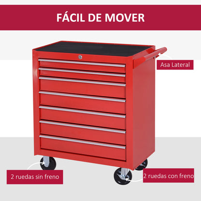 Gereedschapswagen – Werkplaatswagen – Toolcart – Opbergwagen – Karretje – Rood – 7 Laden Met Slot – Stalen Constructie 69x33x75 cm