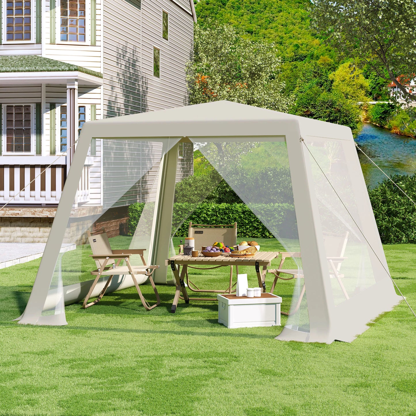 Tuinpaviljoen - Partytent - Tent - Easy up Partytent - 3x3m - met Muskietennet en Gaaswanden - Partytenten - Waterafstotende Tent voor Terras, Patio en Tuin - Eenvoudige Montage - Pergola - Paviljoen - Wit