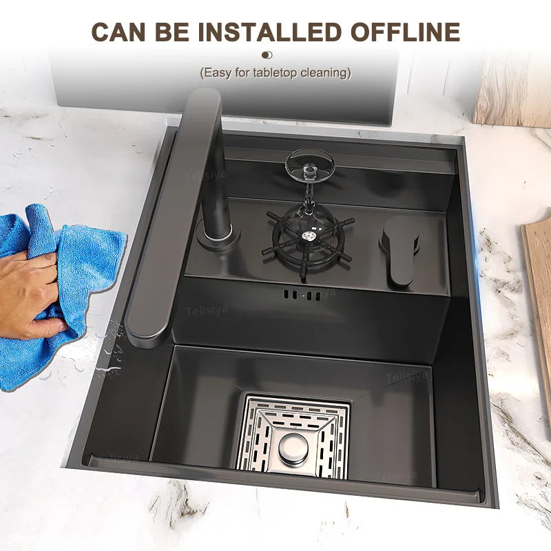 Hidden Cup Washer Stainless Steel Kitchen Sink Small Single Tank With Lid Multifunctional Bar Balcony Wash Basin