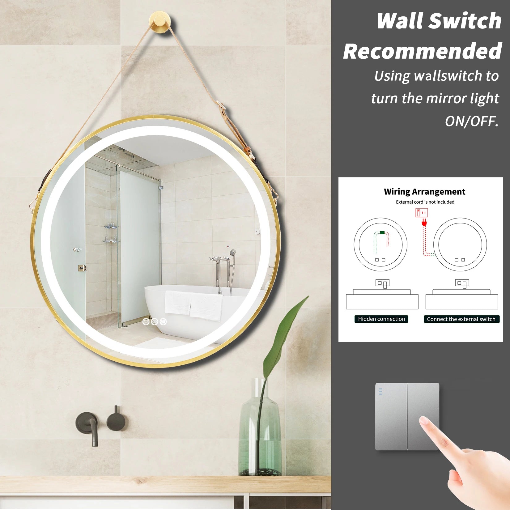 Badkamerspiegel - Spiegel - Spiegel met Verlichting - Smart Spiegel - Ronde LED Badkamerspiegel - 60CM - Goudkleurige Wandspiegel met Verlichting, Dimbaar en Anti-condens - QUORE