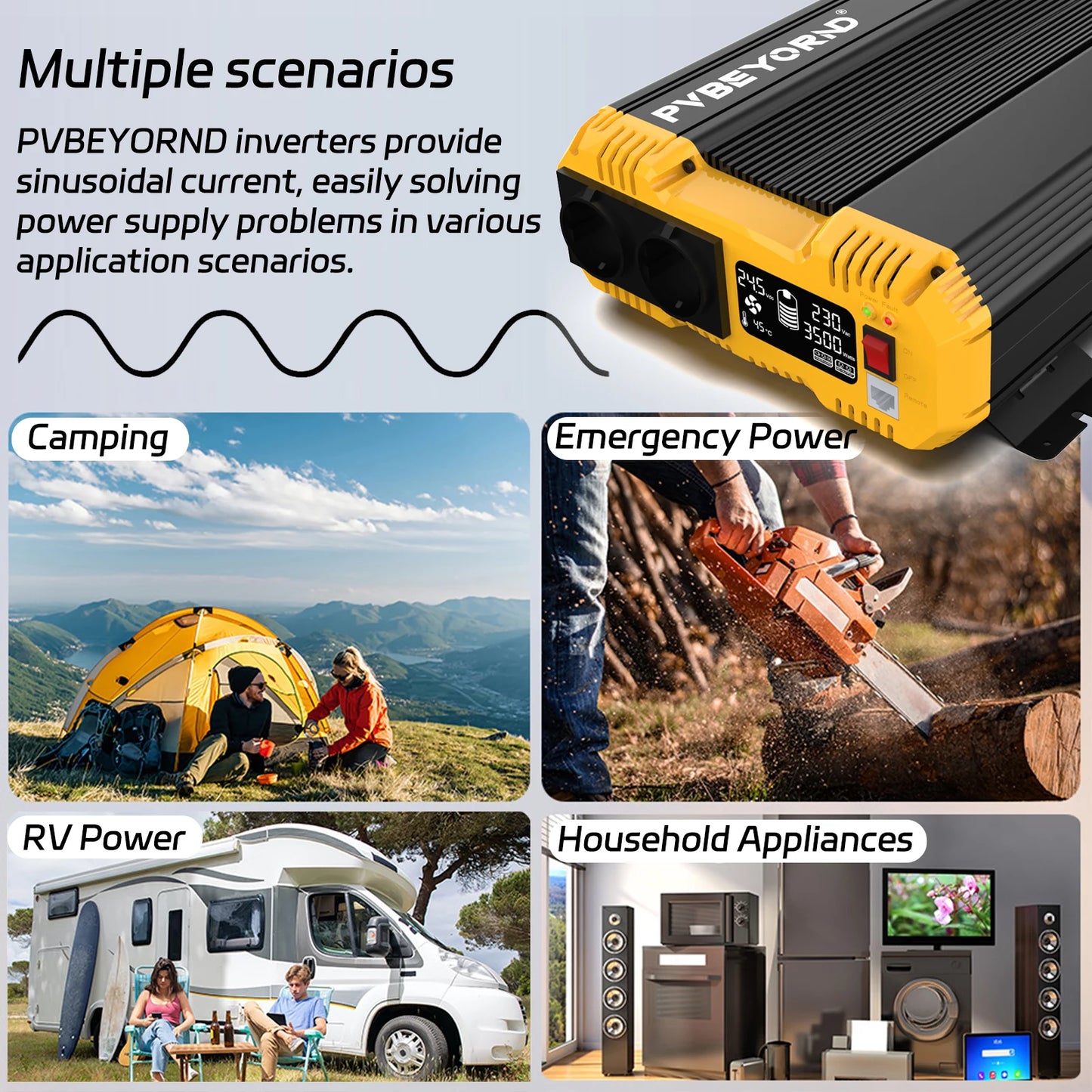 PVBEYORND Pure Sine Wave Inverter Power Inverter 7000W DC 12V 24V 48V To AC 230V 50HZ Continuous Power 3500W Suitable Home or RV