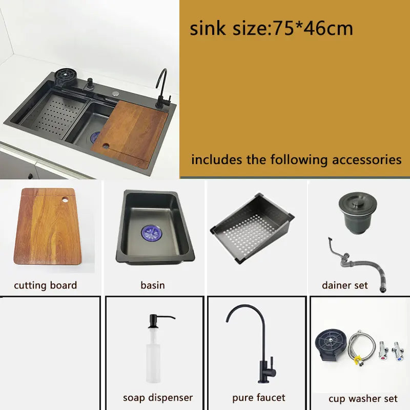 Roestvrijstalen Spoelbak – RVS Keukenspoelbak – Enkele Bak Spoelbak – Rekspoelbak – Spoelbak Met Kraan – 75x46 cm – Anti-Krast Nano-Technologie – Waterval Kraan