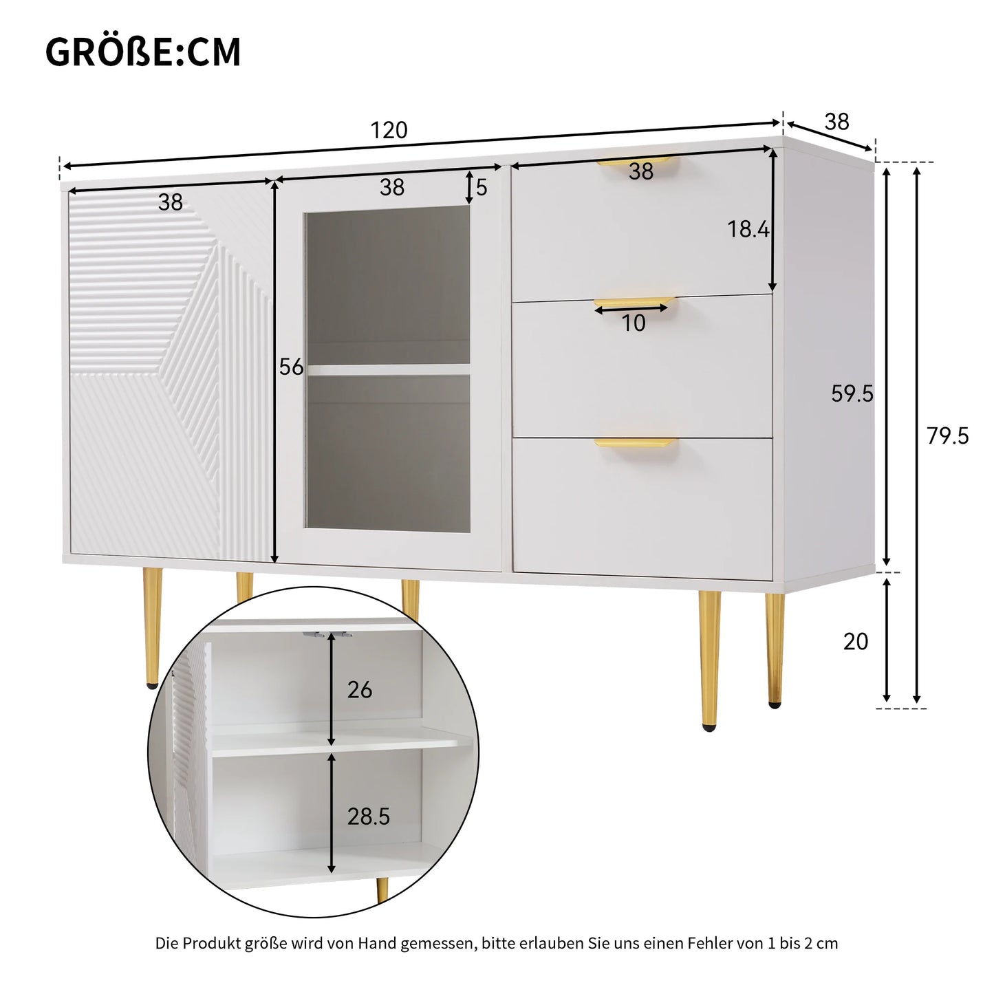 Opbergkast – Opbergmeubel – Kast Met Lades – Kast Met Glazen Deuren – 120 X 38 X 79,5 Cm – MDF En Metalen Poot - QUORE