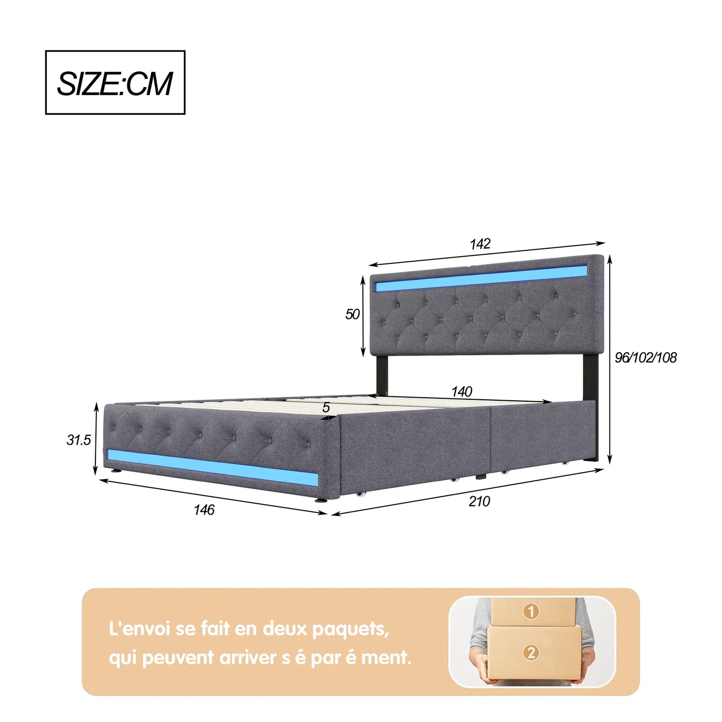 Opbergbed – Gestoffeerd Bed – Tweepersoonsbed – Opbergruimte Bed – Ladebed – 180x200 cm – Linnen Hoofdbord met LED Verlichting – Met 4 Ruime Lades