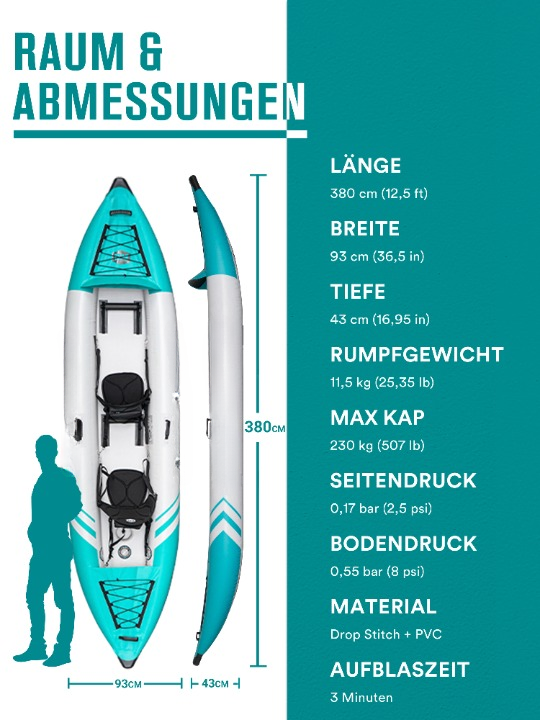 Kajak – Opblaasbare - voor 2-Persoons – Inflatable Kajak – PVC – Lichtgewicht 11,5 Kg – Stevig Dubbelwandig Materiaal