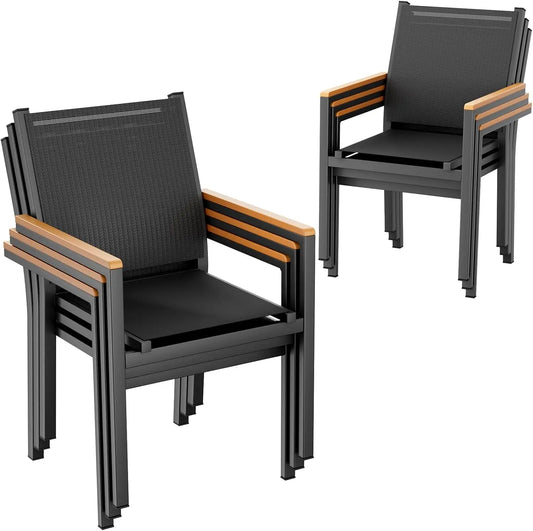 Tuinstoelen – Stapelbare Stoelen – Tuinmeubilair – Buitenstoelen – Aluminium Frame – Ademend Textilene – Weerbestendig - Set van 6 - Zwart
