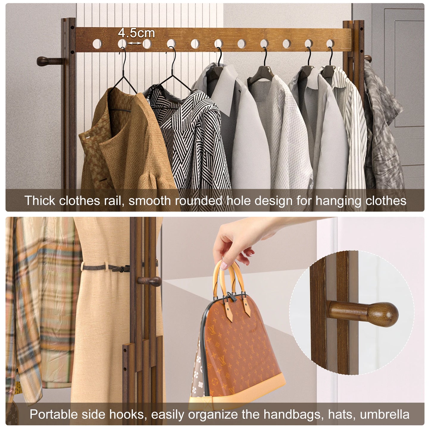 Bamboe Kledingrek - Kledingstandaard - Met-Wielen-Plank-Coatstand - Schoenenrek - Hout - Walnootkleur