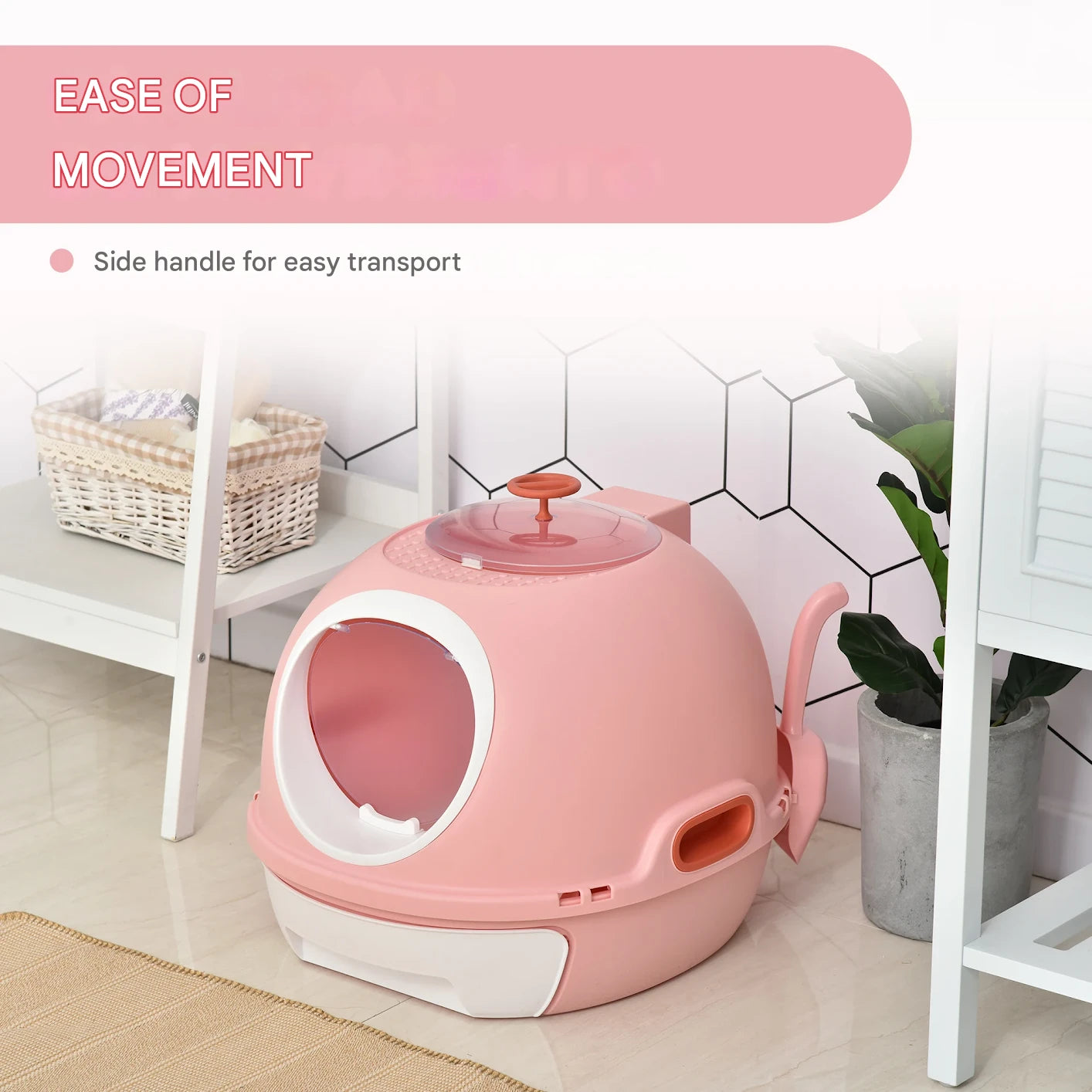 Kattenbak - Kattentoilet - Kattenbakvulling - met Uitneembare Lade - Scooper - Transparante Entree - Daklicht - ABS - 47 x 55 x 44 cm - Roze