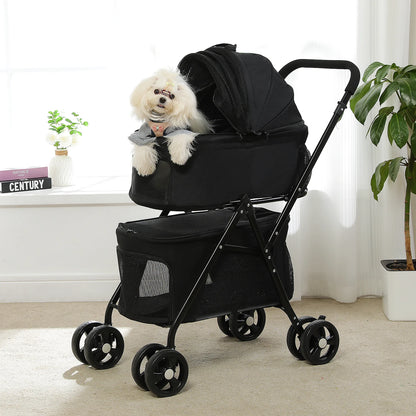 Hondenbuggy - Wagen - Huisdieren - met Opbergzak - 360° Grote Wielen - 4-Wiel - Opvouwbare - met Opslagmand - Gaasvensters - Weerbestendige Coating -Lichtgewicht Huisdierenwagen - Katten - Kleine Honden - Zwart