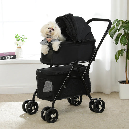 Hondenbuggy - Wagen - Huisdieren - met Opbergzak - 360° Grote Wielen - 4-Wiel - Opvouwbare - met Opslagmand - Gaasvensters - Weerbestendige Coating -Lichtgewicht Huisdierenwagen - Katten - Kleine Honden - Zwart