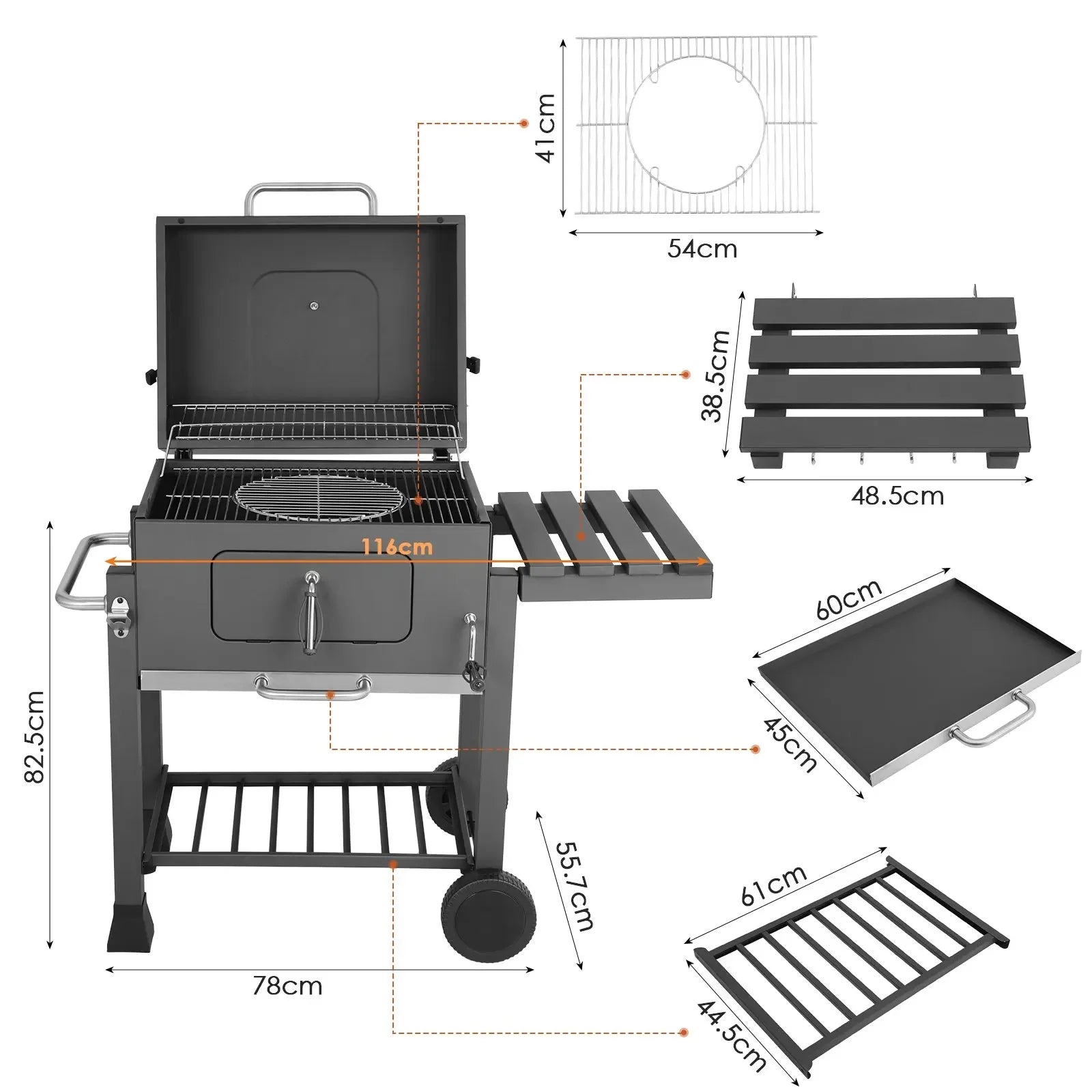 Houtskool Barbecue - Grote Barbecue - met Wielen - 5-10 Personen - Ruim Grilloppervlak - Verstelbare Houtskooltray - en thermometer - Tuin en Camping BBQ - Gemakkelijk Schoon te Maken - QUORE