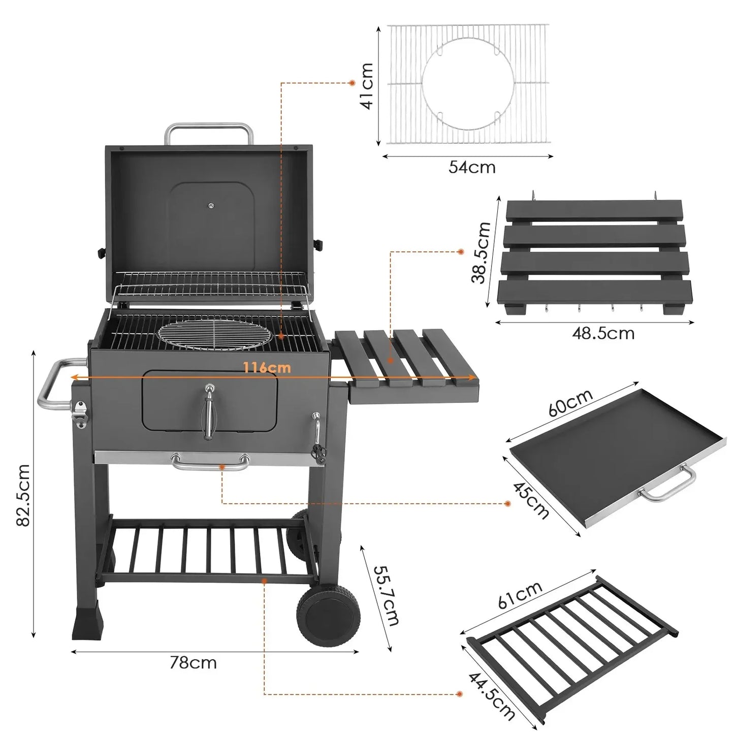 Houtskoolgrill - BBQ-rokergrill -  met 3 Grillroosters - Thermometer - Asbak - Planken - Haken - Verstelbare Houtskoollade - Ventilatie - Wielen - Groot Grilloppervlak - voor Buiten - Terras - Tuin - Achtertuingrillen - 113 x 53.5 x 100 cm - Zwart - QUORE