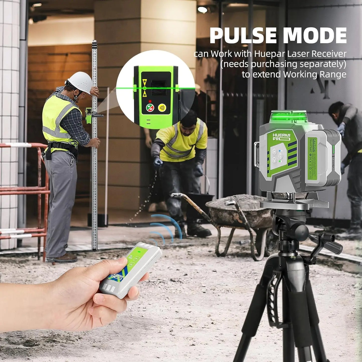 Huepar 4D Cross Line Laser Level High Accuracy ±2mm/10m Self Leveling Green Laser Tools With 8000mAh Li-ion Battery & Receiver - QUORE