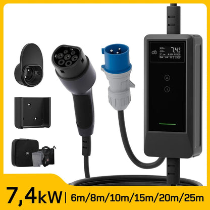 7,4 KW Draagbare Ev-Lader – Elektrische Auto Oplader – Laadpaal – Type 2 Charger – Mobiele Laadkabel 15M – Instelbare Laadstroom 6-32A – Digitale Timer Met Display
