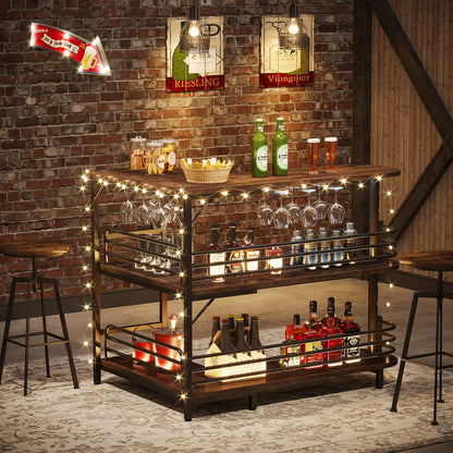 L-vormige Barunit – Thuisbar – Dranktafel – Cocktailbar – Barmeubel – Ruime Opbergruimte – Stabiel Metaal en Spaanplaat – Wijnrek en Glazenhouder – Compact Design - QUORE