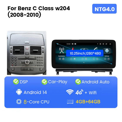 Multimedia Unit Mercedes-Benz C Klasse – Auto Radio – Navigatiesysteem – Touchscreen Speler – Android Headunit – 10,25 Inch Scherm – Android 14 Besturingssysteem – CarPlay & Bluetooth Connectivity