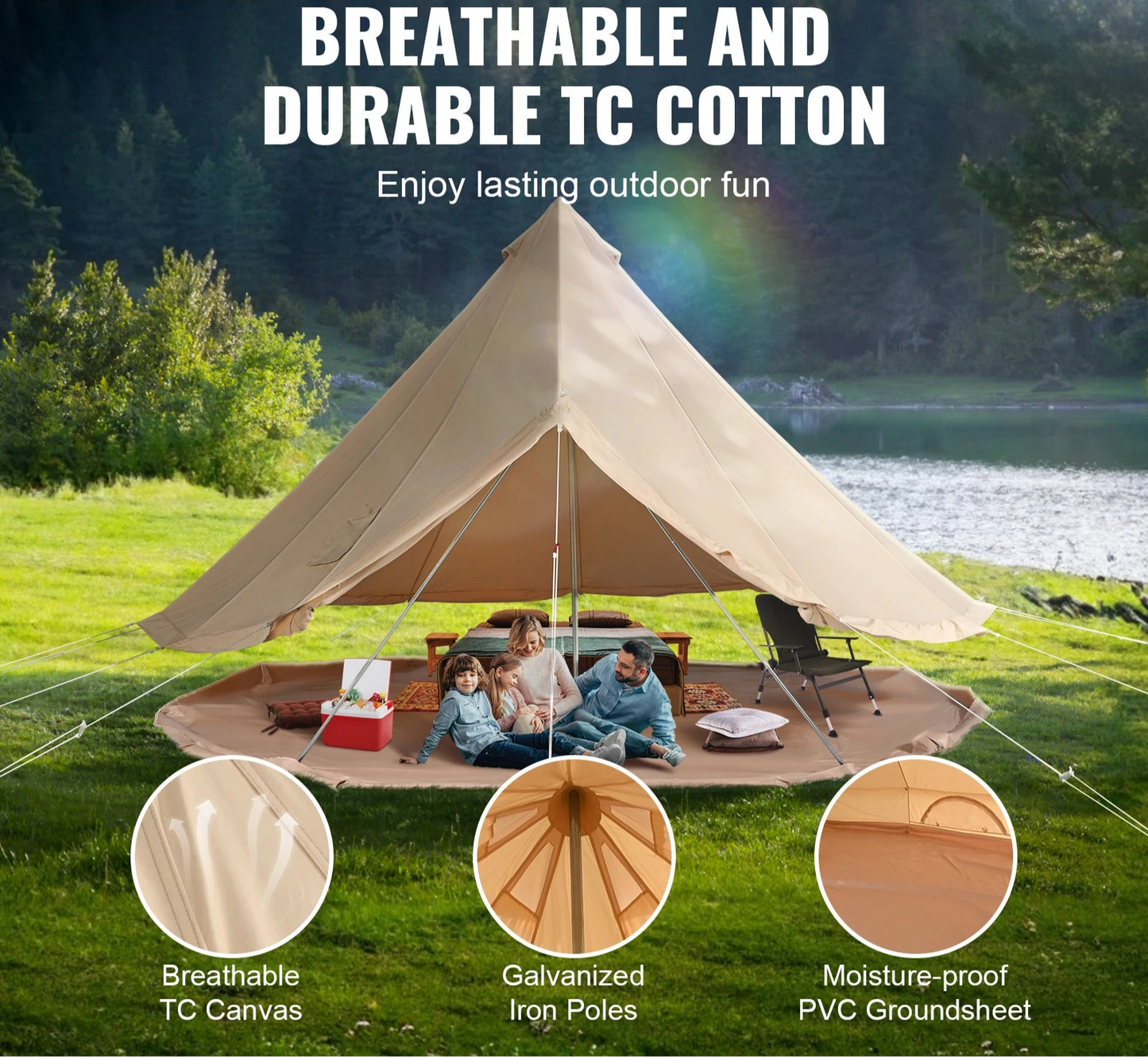 Canvas Bell Tent – Kampeertent – Familie Tent – Ruime Tent – Ademend Canvas – 4 Personen – Kacheluitlaat - QUORE