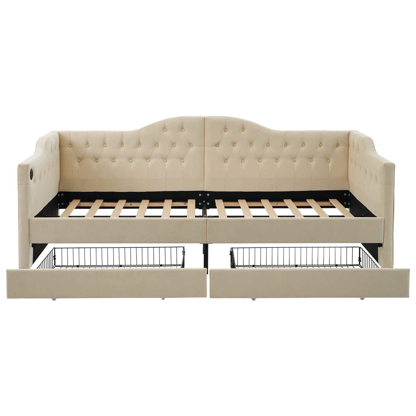 Slaapbank – Bedbank – Logeerbank – Bedbank Met Opbergruimte – Beige Fluwelen Slaapbank 90x200 cm – Met USB Type-C Oplaadpoort – Inclusief 2 Lade Opbergruimtes