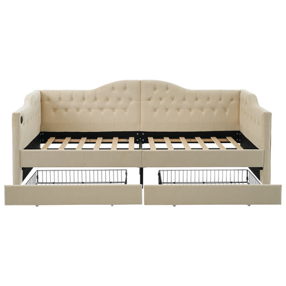 Slaapbank – Bedbank – Logeerbank – Bedbank Met Opbergruimte – Beige Fluwelen Slaapbank 90x200 cm – Met USB Type-C Oplaadpoort – Inclusief 2 Lade Opbergruimtes
