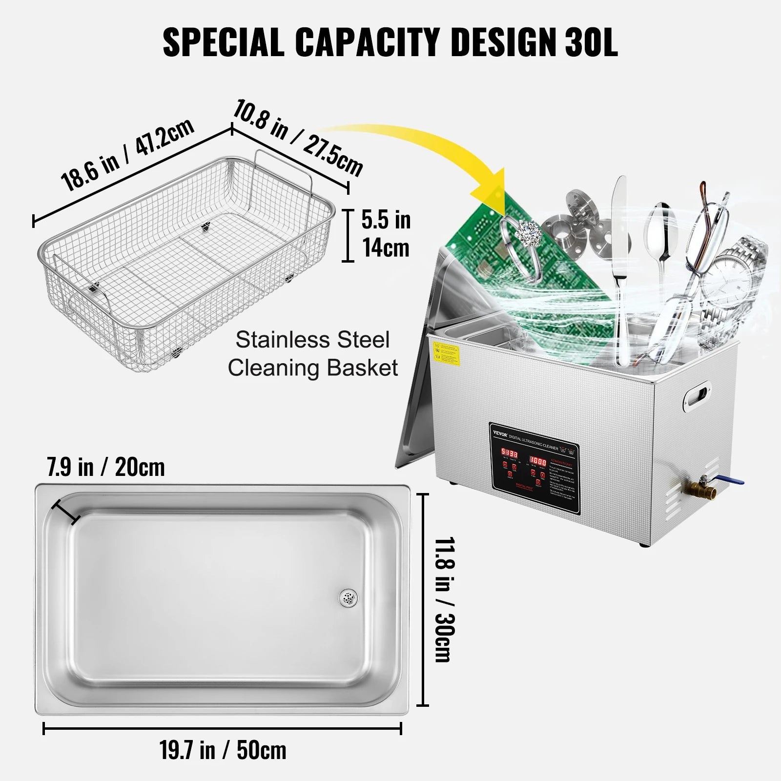 Ultrasoon Reiniger - Reinigingsapparaat voor Sieraden en Brillen - 30L - Ultrasone - Ultrasonic Cleaner - met Digitale Timer en Verwarming - Extra Grote Roestvrijstalen Reinigingsmachine  - voor Professioneel Gebruik - QUORE
