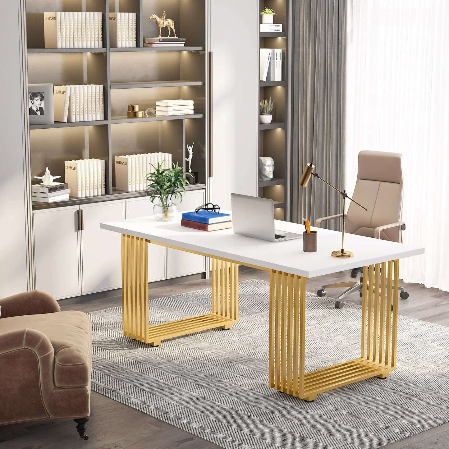 Bureau - Computertafel - Bureautafel - Game Bureau - 70.9" - Moderne Houten Gaming Gureau - met Gouden Metalen Poten – Stijlvolle Werkplek & Kleine Vergadertafel