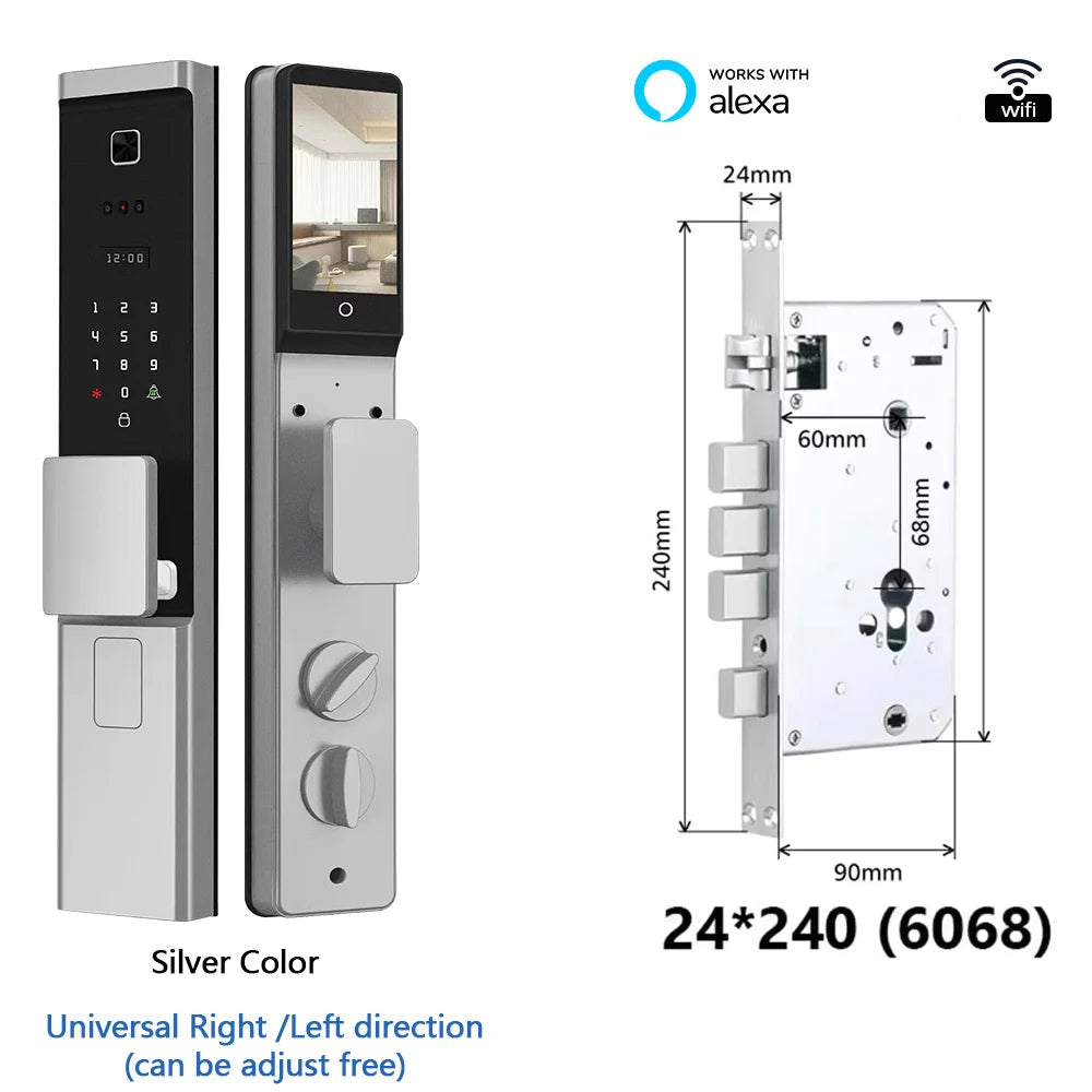 Slimme Deurslot – Elektronisch Slot – Digitale Deurslot – Toegangssysteem – Biometrisch Slot – 8 Ontgrendelingsmethoden – Weerbestendig IP66 Design - Zilverkleur - 24x240 - 6068 insteek - QUORE
