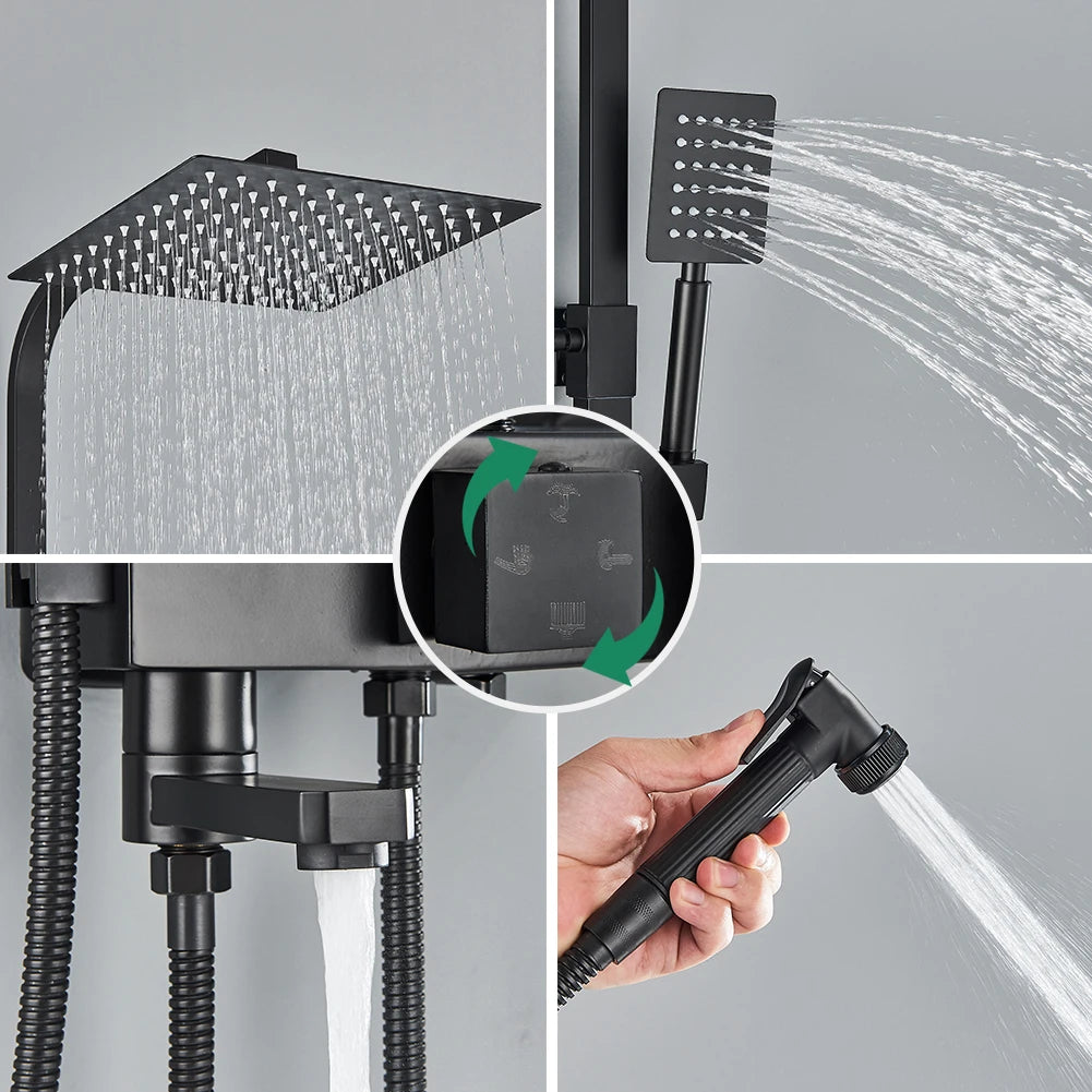 Regendouche - Douchekraan - Douchepaneel - Douche - 8 Inch Douchekop, Inbouw Wandmontage en Opbergplank - met Bidetfunctie - Zwart - QUORE