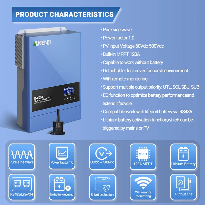 Hybride Zonne-Energie Omvormer – Zonne-Omvormer – Solar Inverter – Energieomvormer – PV Omvormer – 6,2 KW Vermogen – WiFi Monitoring