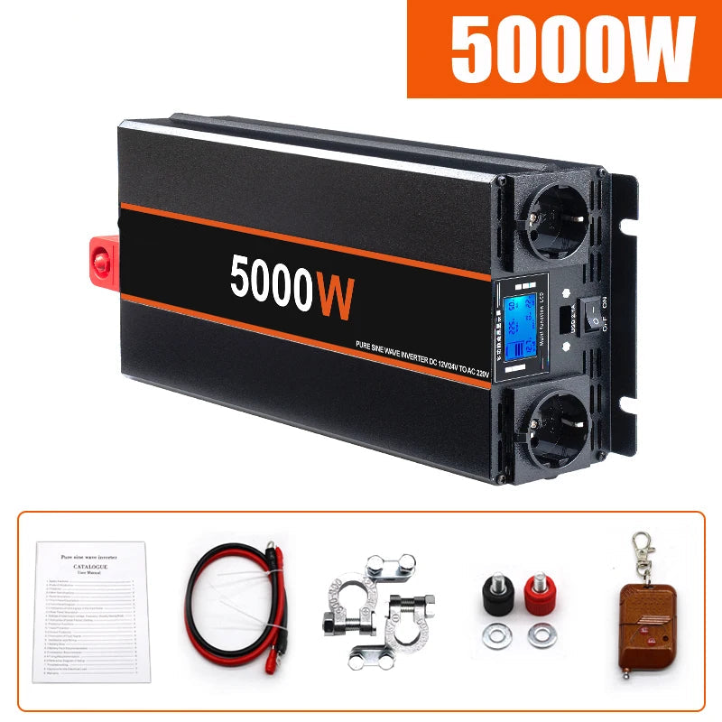 Omvormer - Spanningsomvormer - Auto Omvormer - 5000W- Powerstation - Powerbank - DC 12V 24V naar AC 220V - met Afstandsbediening en EU Stopcontact