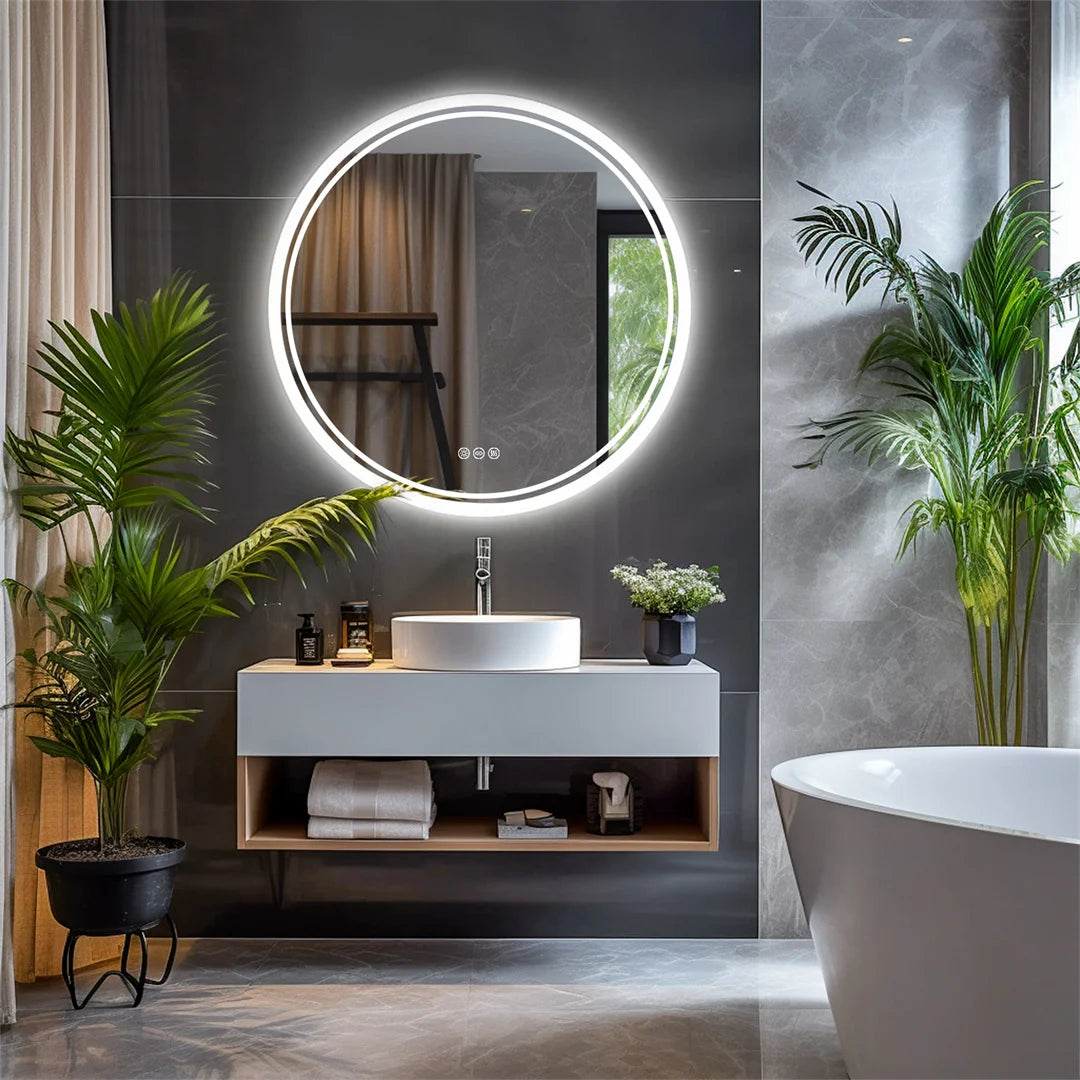 Badkamerspiegel - met LED - Wandspiegel Rond - Badkamerspiegel met Verlichting - Anti-condens - Dimbaar - Backlit - 3 Lichtkleuren - Touchschakelaar - IP44 Waterdicht - 80x80cm